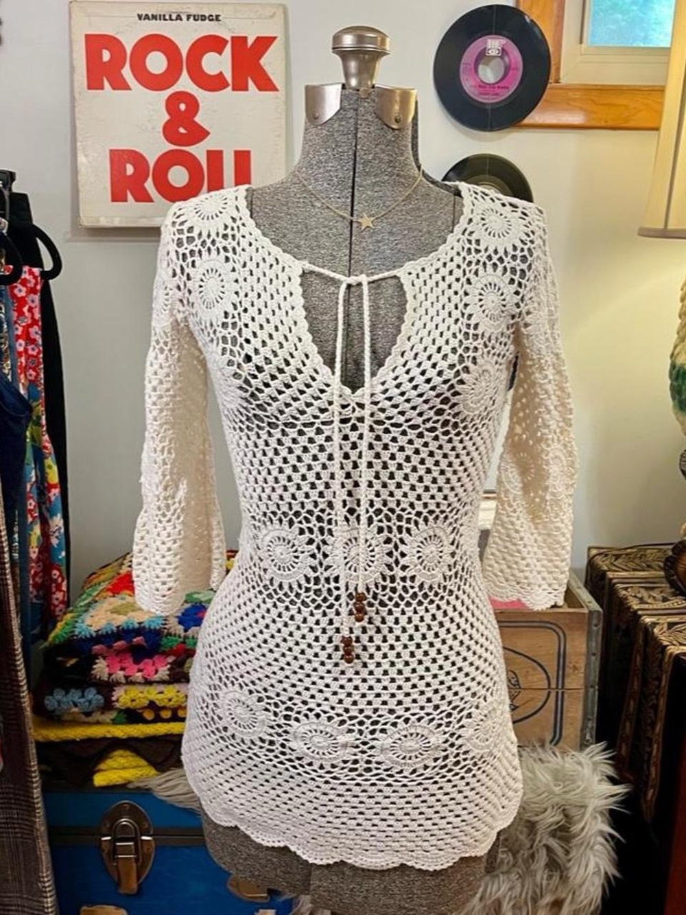 Cream Crochet Tie-Front Tunic